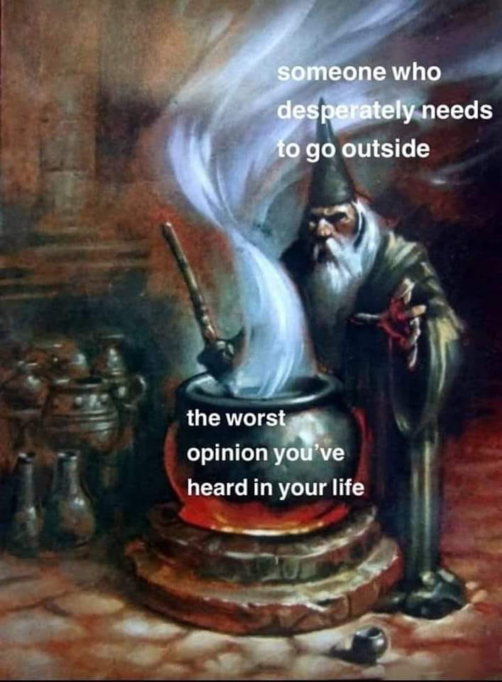 This meme features an image of a wizard stirring a cauldron, with text overlayed on top. The text reads: "someone who desperately needs to go outside" is written above the cauldron, while "the worst opinion you've heard in your life" is written inside it. The image is humorous because it implies that the wizard is brewing a potion that will reveal the most ridiculous or unpopular opinion someone has ever heard.